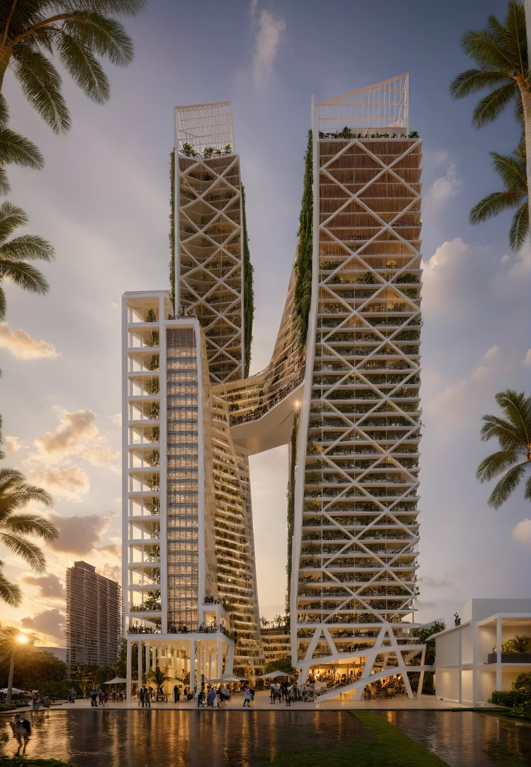 modern luxury hotel, white structure frame, coconut trees, greenery landscape, in the center of city, crowded people, clear sky, sunset time, warm lighting RAW Photo, RAW texture, Super Realistic, 32K UHD, DSLR, soft lighting, high quality, film rating, Fujifilm XT3