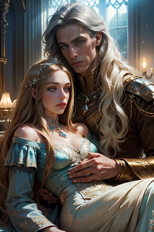 (masterpiece, highest quality, high resolution, 8k, difficulty: 1.2) photorealistic book cover in the genre of epic romantic fantasy, in the center of which a COUPLE (a man and a woman) is depicted. Spring romantic fantasy in the center stands a handsome, tall, statuesque, courageous young man-blond with long white hair, dressed in military uniform and silver armor, he hugs from behind a beautiful, incredibly beautiful young femme fatale with long golden hair, blue eyes, she is a princess, she is sad, proportional, gentle, shimmering, beautiful faces, she does not like him, he is unpleasant to her, daytime bokeh, fairy fairy, mysterious, bright spring color scheme, (Best quality, 8K, high resolution, Masterpiece: 1,2), Ultra-detailed (Realistic, Photorealistic, photorealistic-realistic: 1.37), Artistic design in a creative style, Historical, Classic, refined, many colors, High detail, soft lighting, luxurious furnishings, dress with details, bright flowers, exquisite jewelry, Unearthly atmosphere, Elegant pose, Graceful curves, Golden body proportions, Loose hair, Breathtaking textile patterns, Piercing blue eyes, Delicate floral decor, Dazzling set of crystal accessories, Mysterious and dreamy atmosphere, Impeccable attention to detail. detailed eyes, beautiful face.