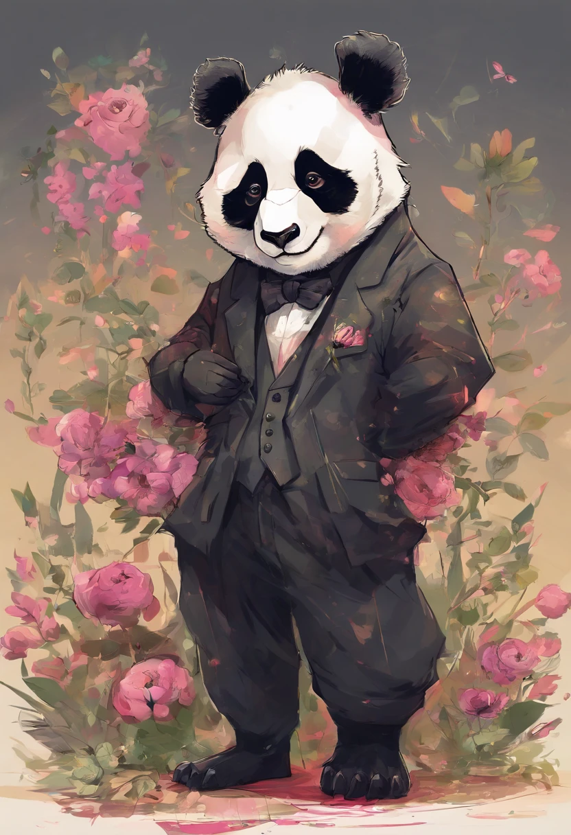 anthropomorphic panda, de cuerpo entero, vestido formalmente con un blazer, sostiene una bandeja, pegatina de panda, sticker de panda.