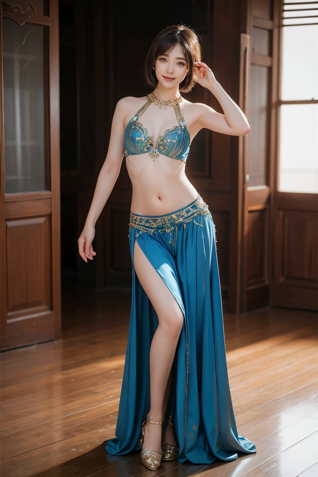 Dslr photo, (extraarms:1.2), (8k, 4k, masterpiece),beautiful pretty older mature asian woman, mysterious, hippie, fortune teller, new age, bohemian, indoors, tent, night, dark blue gold patterned bikini, belly dancer, tied hair, hair in ponytail, bare midriff, sleeveless, bare shoulders, jewelry, bracelets, arm bands, head scarf, headband, hoop earrings, necklace,sultry, blurry background, (upper hands on head), (lower hands on chest:1.2), dynamic, full subject in frame, full body view, (barefoot), leaning, facing viewer, (extraarms:1.2), four arms, yoga instructor, posing, sitting, side view, (athletic), (muscular), athlete