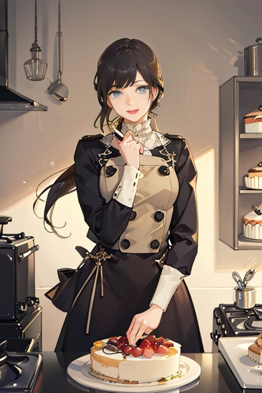 (dynamic angle:1.3, front view:1.1, breast focus:1.3, from above:1.1), (dynamic posing:1.2, sexy posing:1.2), (seductive smiling:1.3), ((looking at cake,Taking a cake out of the golden oven, worried about the outcome:1.2)),highest quality、(real、photorealistic:1.4),(ultra high resolution, 8K RAW photo, clear focus), best qualtiy, natural lighting, field depth, (Bright pupils, detailed beautiful eyes, high detailed face), Red lip, (tight focus:1.2), a girl 22yo old, Wearing a pastry chef uniform:1.3 , Thicc, thin breast, long hair, blue eyes,a pastry pretty girl:1.1, (highly detailed beautiful face and eyes,small breasts),real skin,((black,hair,long pony tail hair)),thin pubic hair,cute,lovely, detailed eyes,(double breasted:1.0,under bust:1.0),(with sparkling eyes and a contagious smile),open mouth, Looking at Viewer,A scene of cooking in the kitchen with the oven made by goldden 