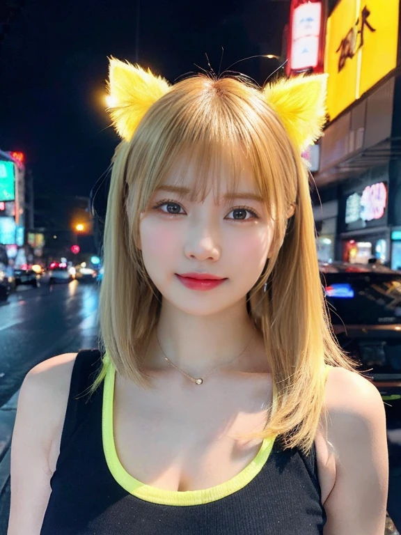 最high quality, masterpiece, 32k、Very detailed、Realistic、1 girl, Japanese women、Cute Face, (photo Actual:1.3),Bob Hair(Golden hair color、Blonde Hairstyles)、Edge lighting, (Skin with attention to detail:1.2), 8k超High resolution, Single-lens reflex camera, high quality, High resolution, 4K, 8k, Optimal ratio of four fingers to one thumb, (Actual:1.3), cute 1 girl, Realistic、Super Realistic、32k、Very detailed、masterpiece, 最high quality, beautiful girl, beauty、Mecha, Beautiful lighting, (Neon Light:1.2), (night:1.5), Yellow-themed K-POP idol costumes、Yellow color outfit、Yellow sleeveless outfit(Yellow Fashion)、Shorts、Big Breasts(big 、There is a valley)Cat ear headphones、Are standing、Cyber Neon、Future City、Skyscraper、都会のnight、Shanghai、big cities、night景、綺麗なnight景