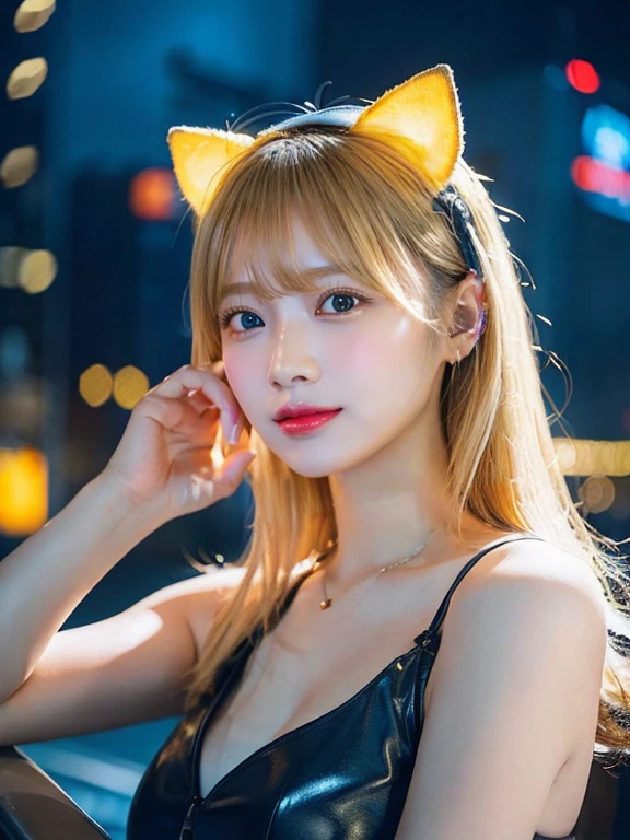 最high quality, masterpiece, 32k、Very detailed、Realistic、1 girl, Japanese women、Cute Face, (photo Actual:1.3),Bob Hair(Golden hair color、Blonde Hairstyles)、Edge lighting, (Skin with attention to detail:1.2), 8k超High resolution, Single-lens reflex camera, high quality, High resolution, 4K, 8k, Optimal ratio of four fingers to one thumb, (Actual:1.3), cute 1 girl, Realistic、Super Realistic、32k、Very detailed、masterpiece, 最high quality, beautiful girl, beauty、Mecha, Beautiful lighting, (Neon Light:1.2), (night:1.5), Yellow-themed K-POP idol costumes、Yellow color outfit、Yellow sleeveless outfit(Yellow Fashion)、Shorts、Big Breasts(big 、There is a valley)Cat ear headphones、Are standing、Cyber Neon、Future City、Skyscraper、都会のnight、Shanghai、big cities、night景、綺麗なnight景