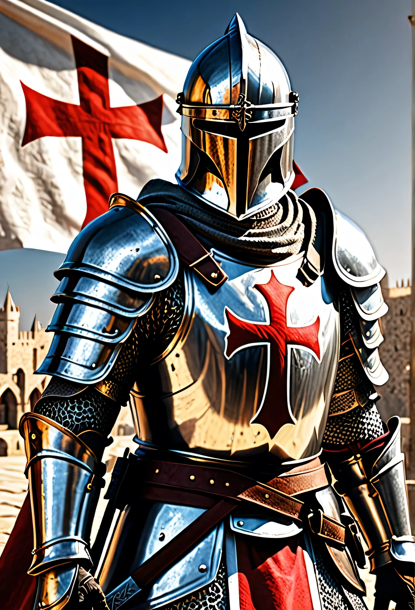 ultra detail, high resolution, ultra detailed, best quality, amazing, top quality, extremely detailed CG unity 8k wallpaper, cinematic lighting, 1man wearing an armor, templar knight, Crusade, holy land,  templar red cross in the armor, text is "Deus vult"