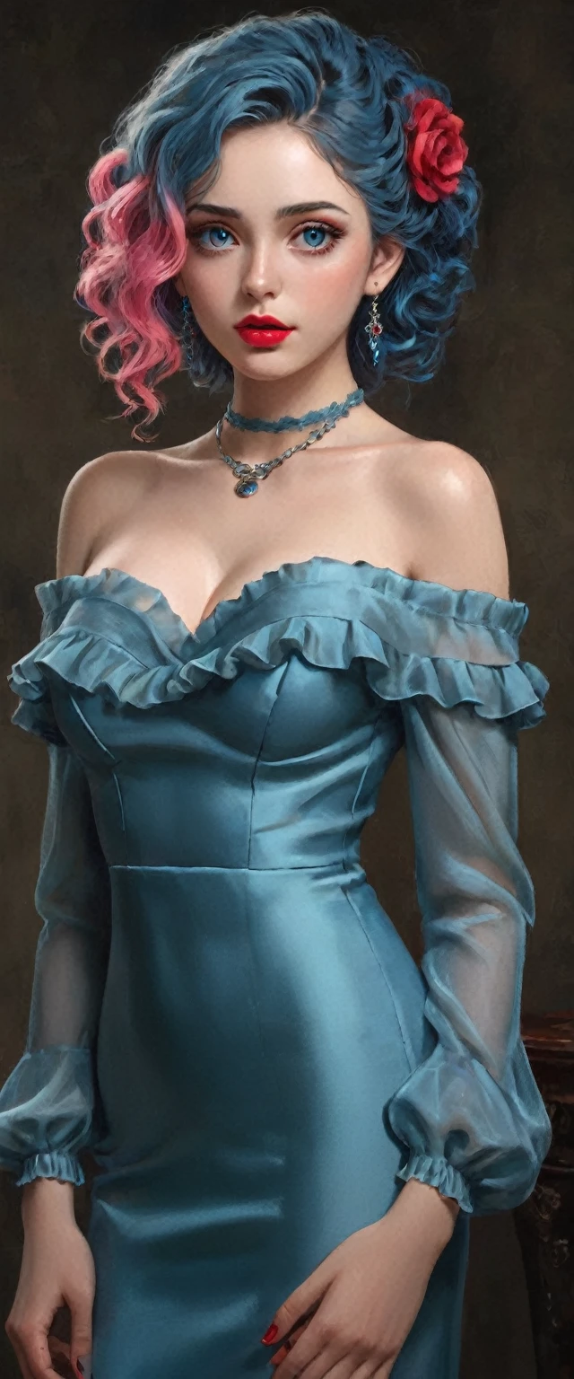 (Full body:1.5),(Masterpiece, professional lighting, 16k, 8k wallpaper, raw p(Full body:1.5),(Masterpiece, professional lighting, 16k, 8k wallpaper, raw photo, photorealistic:1.8, ultra detailed, soft natural lighting, detailed skin, detailed face, detailed eyes, textured skin, ),((ultra realistic))) Photo, masterpiece, superior quality, , (Ultra detailed face and eyes:1.0),(large breast:1.8), (25 year old woman), (1beautiful girl), ((intense eye makeup, pink mascara)), ((fake detailed lips)), ((with bright red lipstick and well defined eyes)), ((wavy blue hair)), ((elegant hairstyle)) She is dressed in a fitted, low-cut red satin gown with ruffled detailing along the neckline and hemline. The dress has a wide side slit, revealing black fishnet stockings. ((Off-the-shoulder evening dress with attention to detail)), Brightly coloured suits, ruffled trims, Braided high heels, a necklace, Glamorous accessories, hoto, photorealistic:1.8, ultra detailed, soft natural lighting, detailed skin, detailed face, detailed eyes, textured skin, ),((ultra realistic))) Photo, masterpiece, superior quality, , (Face and eyes ultra detailed:1.0), (25 year old woman), (1beautiful girl), ((heavy eye makeup, pink mascara)), ((fake detailed lips)), ( with bright red lipstick and well-defined eyes),((wavy blue hair)), ((elegant hairstyle)) , She is dressed in a fitted, long blue dress, sky blue dress, blue dress, blue dress, soft silk dress, blue silk dress, long dress, off-shoulder dress, ice blue dress, turquoise, halter, teal dress, silk dress, halter, bodycon dress, frock coat