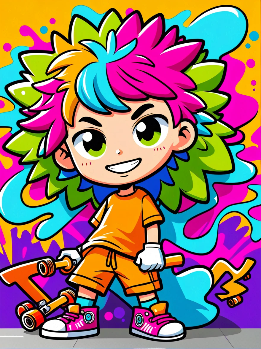 卡通Graffiti人物,Vector illustration,Illustration style,男性contour,athlete,dynamic姿势,contour,Graffiti,Ink splatter,Bold Colors,dynamic,Colorful,Abstract Painting,Look closely,Like a person,artwork,mystery,design,站在Graffiti背景前,Add whimsy to the scene