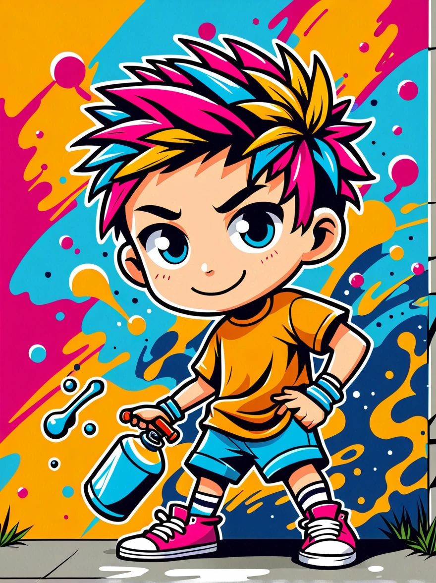 卡通Graffiti人物,Vector illustration,Illustration style,男性contour,athlete,dynamic姿势,contour,Graffiti,Ink splatter,Bold Colors,dynamic,Colorful,Abstract Painting,Look closely,Like a person,artwork,mystery,design,站在Graffiti背景前,Add whimsy to the scene