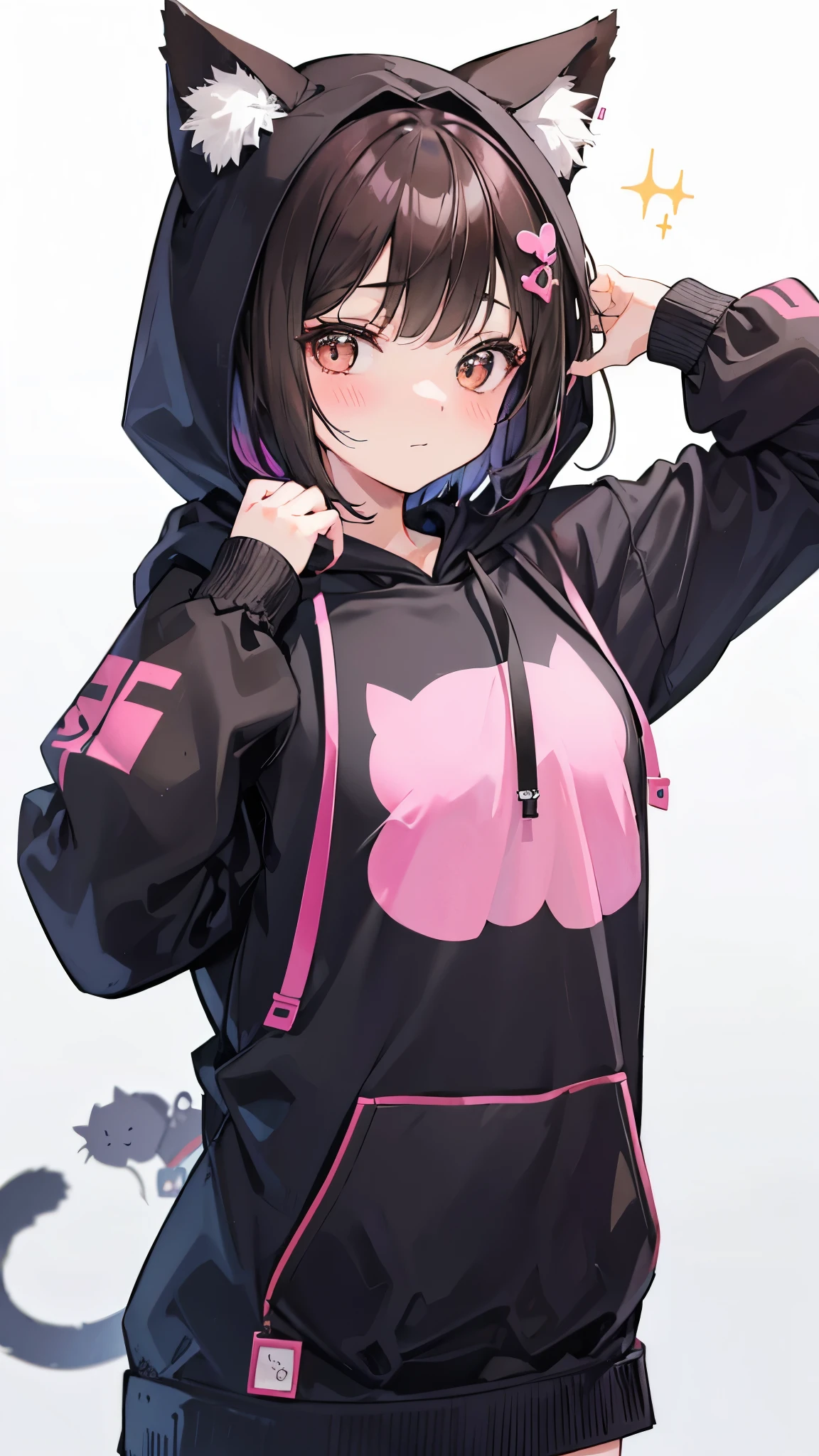 Image of a cute girl wearing a hoodie with cat ears。The girl had big, sparkling brown eyes and、With pink cheeks、She has a slightly embarrassed smile on her face.。Her hair is in short cuts、A little peek from under the hood。She is wearing a black hoodie、He grabs the cuffs and pulls them close to his face.。Simple white background、Attention is now being drawn to the girl's facial expression and outfit.。This image is、It gives off a sense of cuteness and warmth.、It gives the viewer a warm feeling.。