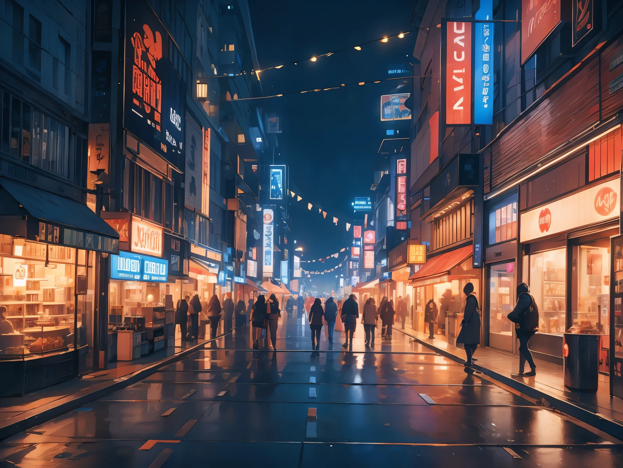 street in the city,in the night,Lights shops,neon lights, very detailed, 8k, highly