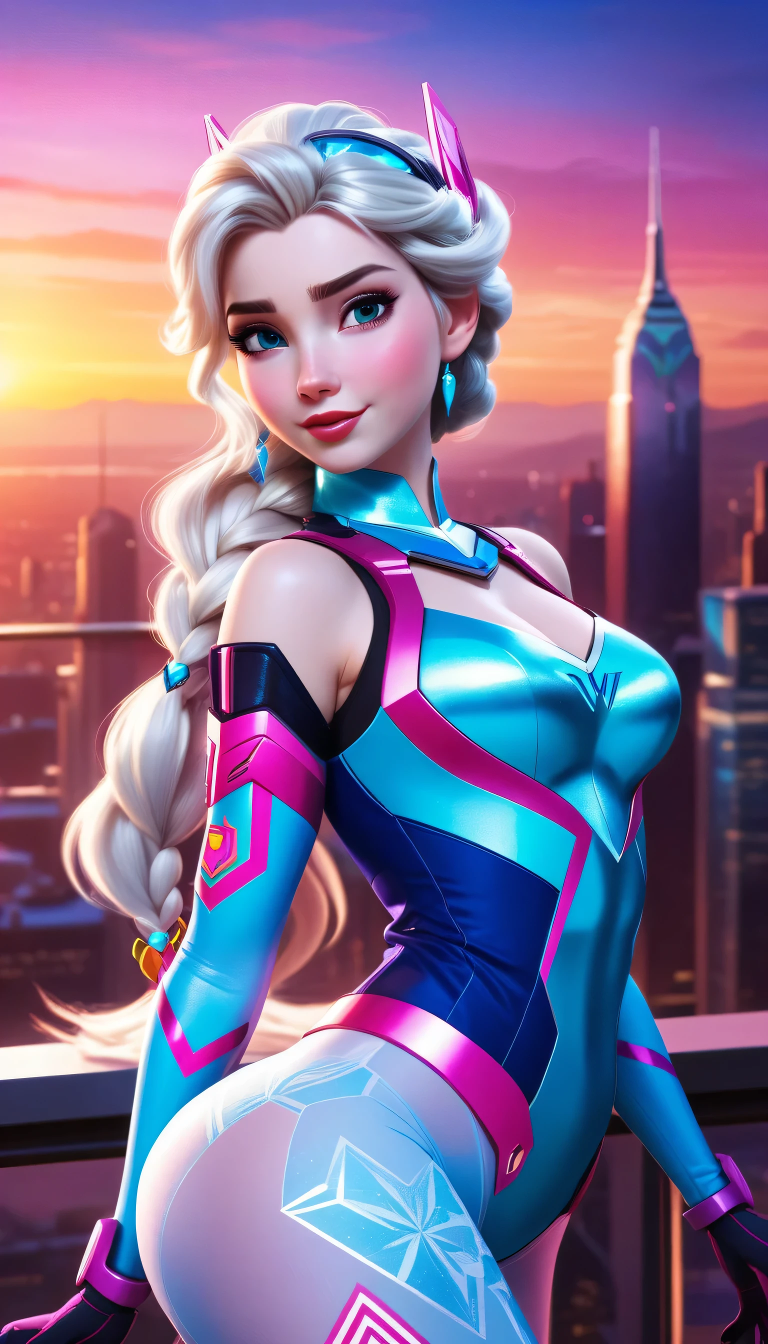((elsa and d.va merged:1.3)), merged, sexy, half body, metropolitan background, sunset, sexy attire, (high quality), (masterpiece), negative_hand