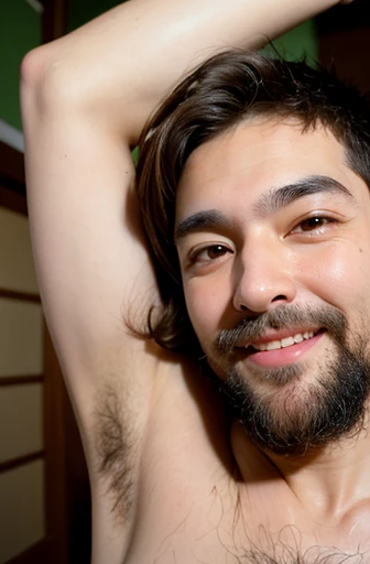 anime boy with arms up and armpit hair and hairy dick with cum