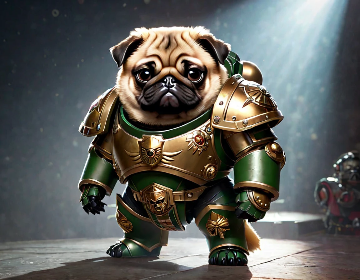 High Resolution, High Quality , Masterpiece . Realistic anime chibi hybrid in the realm of Warhammer 40k, portraying an endearing, chubby pug with shaggy fur and large, glistening eyes; snugly encased within a hefty Space Marine armor reflecting the iconic charm of the series, armor wrestling with the pug's rotund form, barely sealing him within; soft natural volumetric light casting a gentle glow, chiaroscuro, Octane render