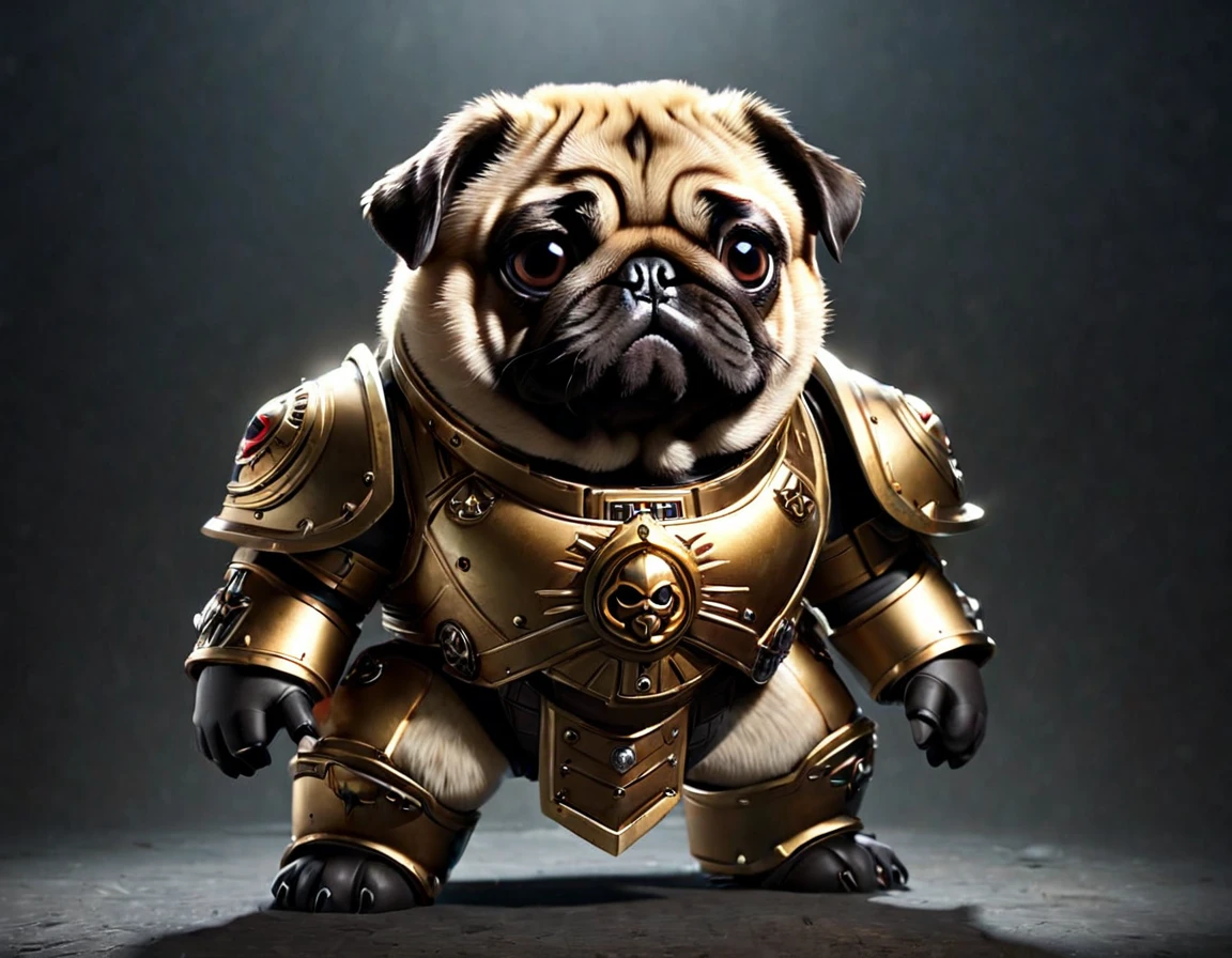 High Resolution, High Quality , Masterpiece . Realistic anime chibi hybrid in the realm of Warhammer 40k, portraying an endearing, chubby pug with shaggy fur and large, glistening eyes; snugly encased within a hefty Space Marine armor reflecting the iconic charm of the series, armor wrestling with the pug's rotund form, barely sealing him within; soft natural volumetric light casting a gentle glow, chiaroscuro, Octane render