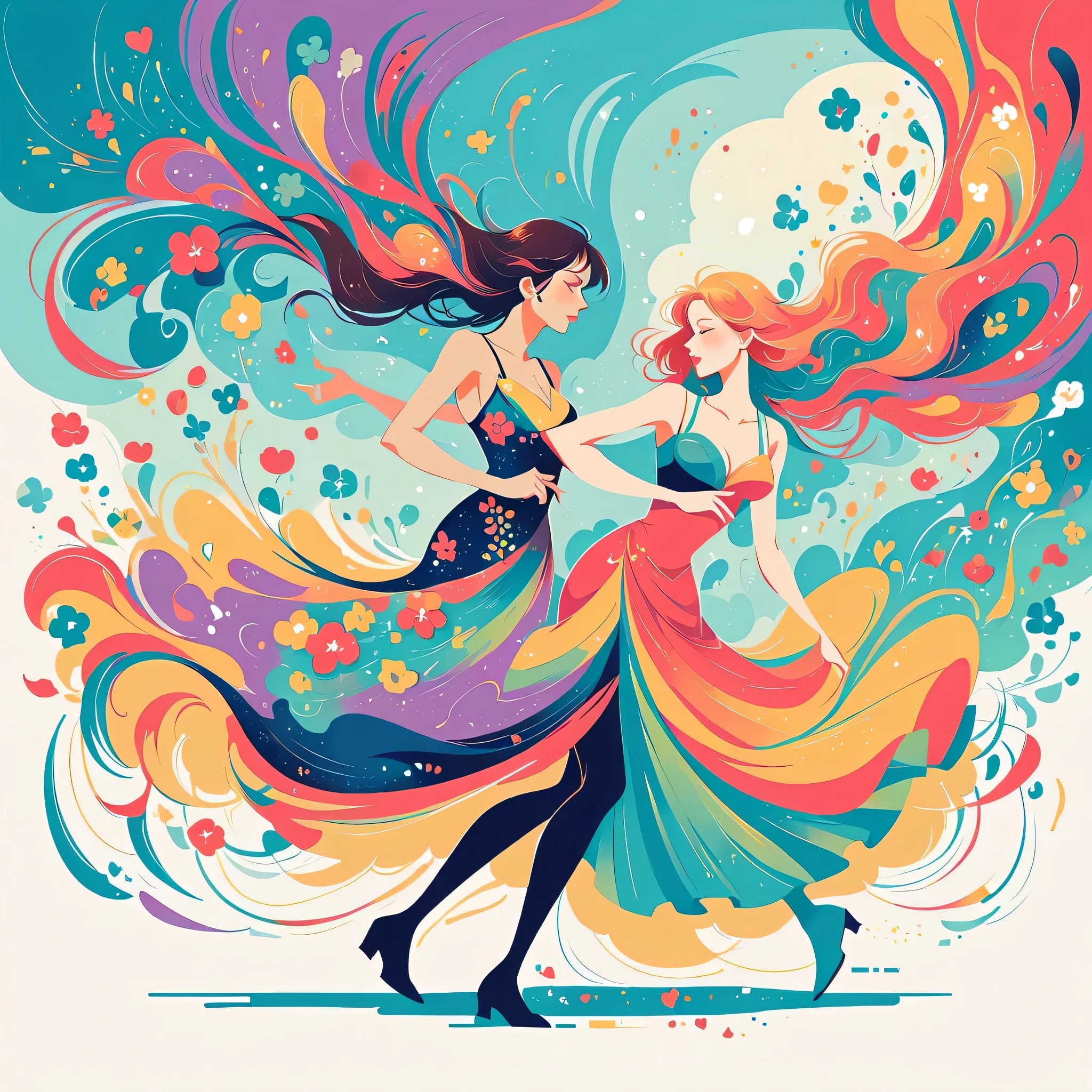 Yoneyama dance style, walking，Simple Line Initialism，Abstract art，Urban Background, (((The most beautiful girl))), colorful flowers, Lips in love