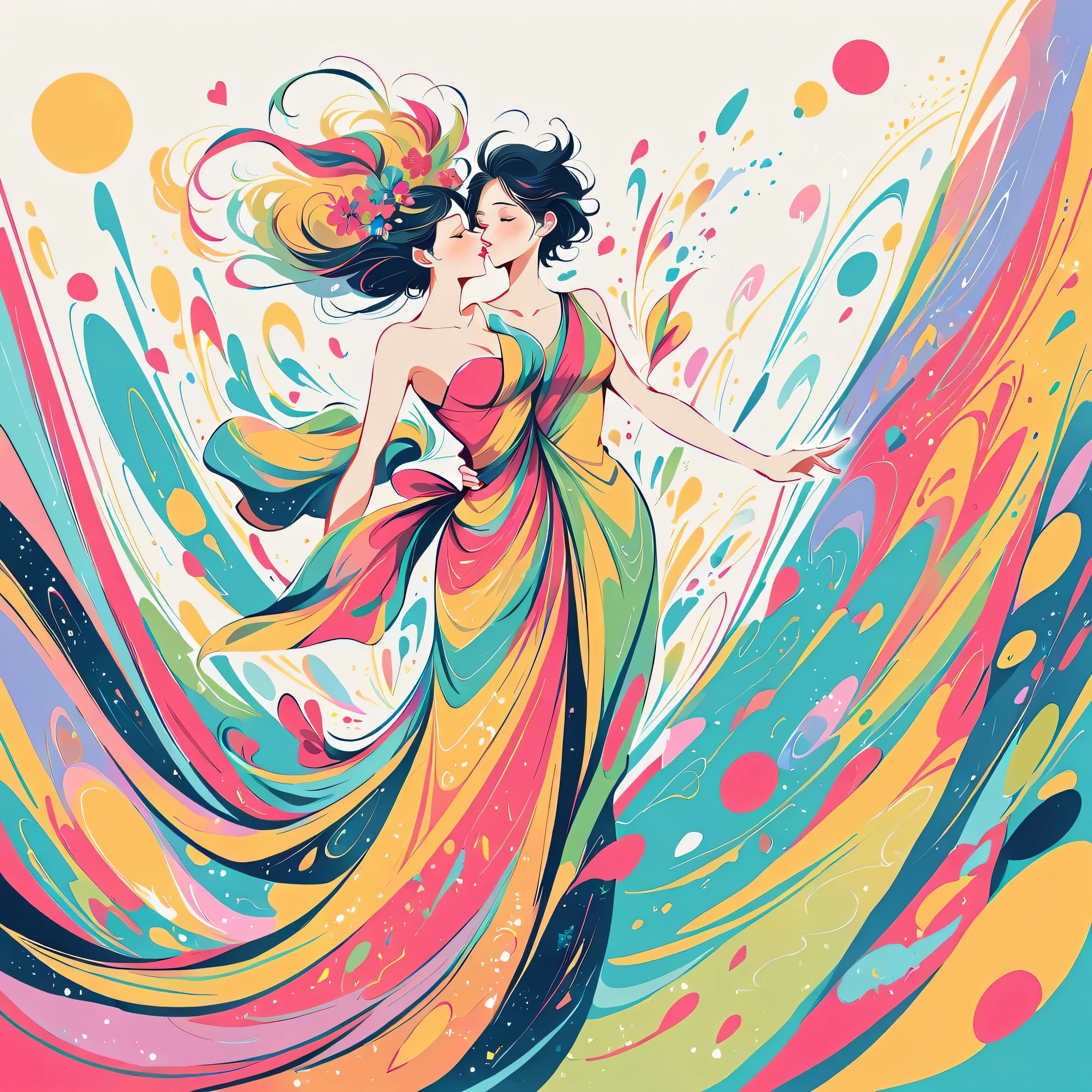 Yoneyama dance style, walking，Simple Line Initialism，Abstract art，Urban Background, (((The most beautiful girl))), colorful flowers, Lips in love