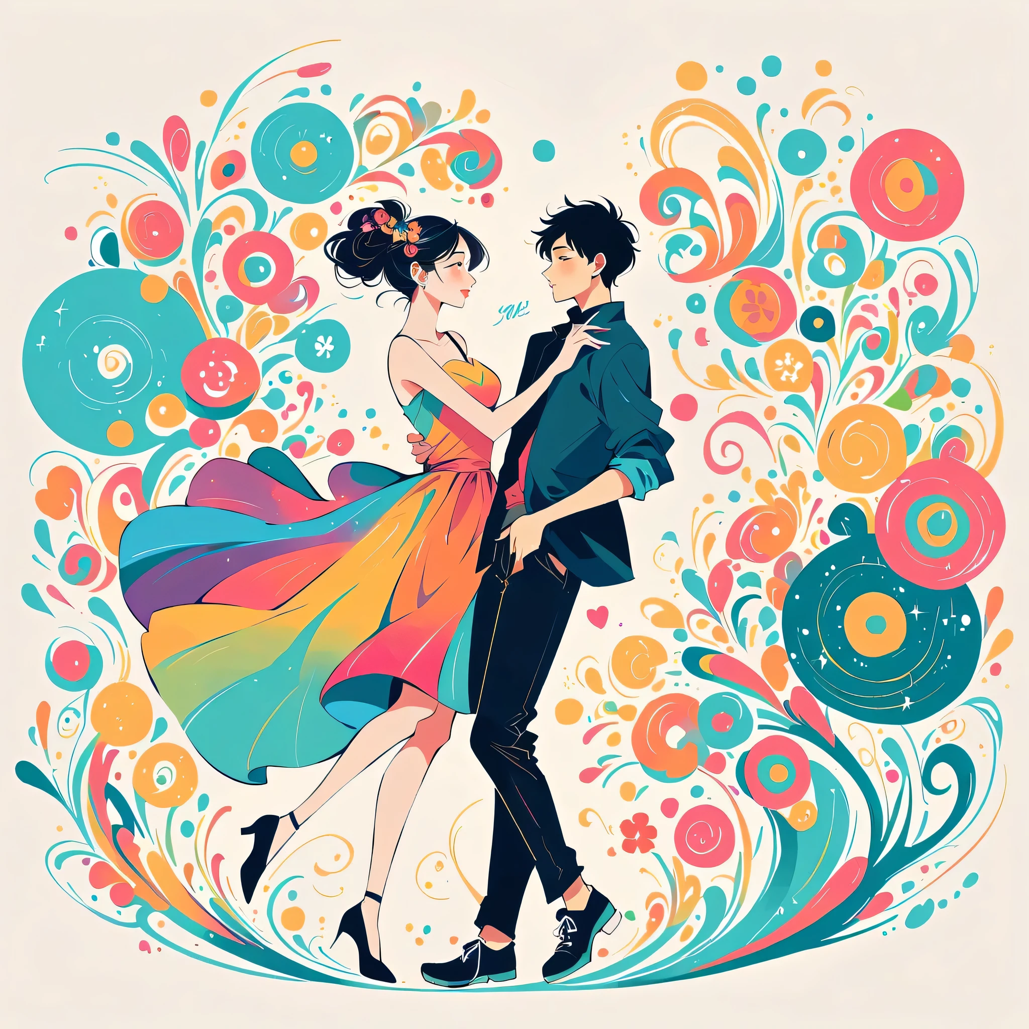 Yoneyama dance style, walking,Simple Line Initialism,Abstract art,Urban Background, (((The most beautiful girl))), colorful flowers, Lips in love