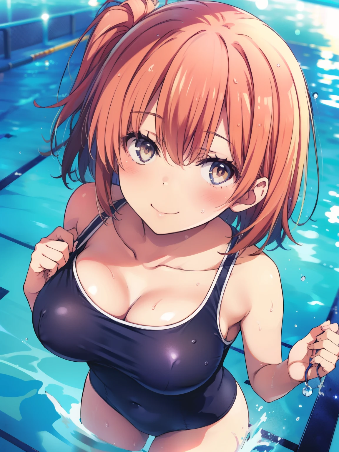 ((highest quality, High resolution,  Perfect Pixel,  4k)), (1 girl),  (Beautiful Anime Girls), 
Watching the audience, 
Perfect body, 

yuigahama yui, short hair, Brown eyes、Detailed eyes、

blush 、smile、Open your mouth a little、
Big Breasts、
(School Swimsuit:1.2)、
Focus on the chest、
summer、School swimming pool、
Wet Hair、Wet body、Armpit、
Selfie、