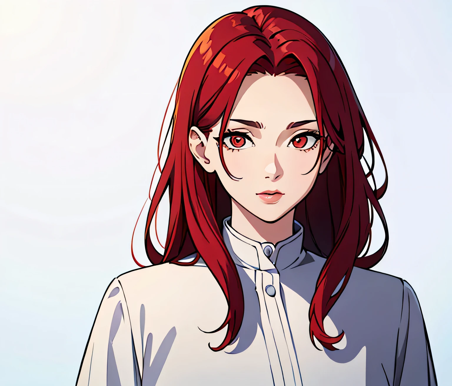 a pretty mature woman looking this way、(highest quality, Natural light)、Stylish, red hair, golden eyes, white background,