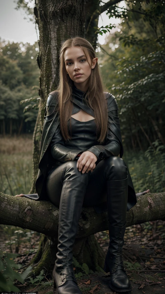 ((Best quality)), ((masterpiece)), (detailed), perfect face, Character for the game, slender elf girl, Golden hair, green eyes, Perfect hands, dark leather top, dark leather pants, gray cloak, leather boots on feet, sitting on a tree branch growing from a tree, short dagger in hand, On the background of a dense forest, night time, full moon