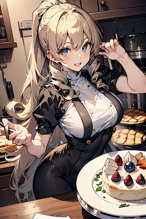 (dynamic angle:1.3, front view:1.1, breast focus:1.3, from above:1.1), (dynamic posing:1.2, sexy posing:1.2), (seductive smiling:1.3), ((looking at cake,Taking a cake out of the golden oven, worried about the outcome:1.2)),highest quality、(real、photorealistic:1.4),(ultra high resolution, 8K RAW photo, clear focus), best qualtiy, natural lighting, field depth, (Bright pupils, detailed beautiful eyes, high detailed face), Red lip, (tight focus:1.2), a girl 22yo old, Wearing a pastry chef uniform:1.3 , Thicc, thin breast, long hair, blue eyes,a pastry pretty girl:1.1, (highly detailed beautiful face and eyes,small breasts),real skin,((black,hair,long pony tail hair)),thin pubic hair,cute,lovely, detailed eyes,(double breasted:1.0,under bust:1.0),(with sparkling eyes and a contagious smile),open mouth, Looking at Viewer,A scene of cooking in the kitchen with the oven made by goldden 