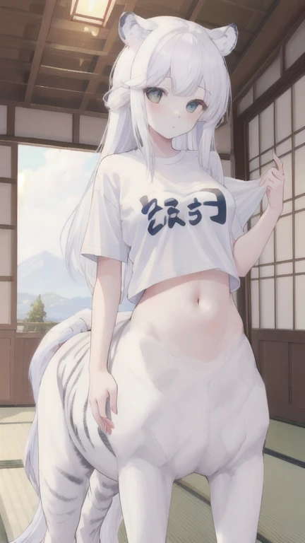 (best quality, masterpiece), 1 girl, centaur, It takes, White skin, Japanese , exposing the abdomen,belly button t-shirt, 아름다운 소녀 perfect white tiger photo, perfect white tiger photo