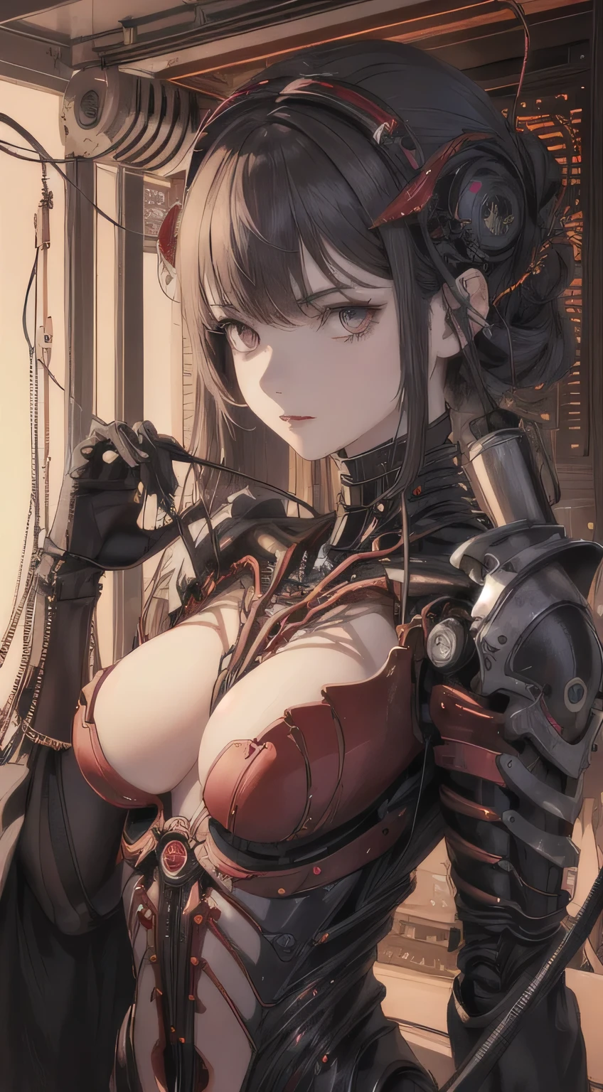 (((masterpiece))), ((highest quality)), (Very detailed), (CG illustration), (So evil and beautiful)), Cinematic Light, ((1. Mechanical Girl)), single, (Mechanical Arts: 1.4), ((Mechanical Limbs)), (Blood vessel attached to a tube), ((Mechanical spine attached to the back)), ((Mechanical cervical spine attached to the neck), (Back to viewers)), Expressionless, ( Wires and cables connected to the head and torso: 1.5), sf, Apocalypse, what'left behind, (Lower body integrated with mechanical device), (Blood: 1.5), Cruelty, Confused, eroticism, Integration with machines, The End Times, Super Future, inorganic, Research Room, constrained, (Beautiful luxury: 1.2), (1 girl: 1.3), Body wrapped around the tentacles of the machine、The lower body is mechanical