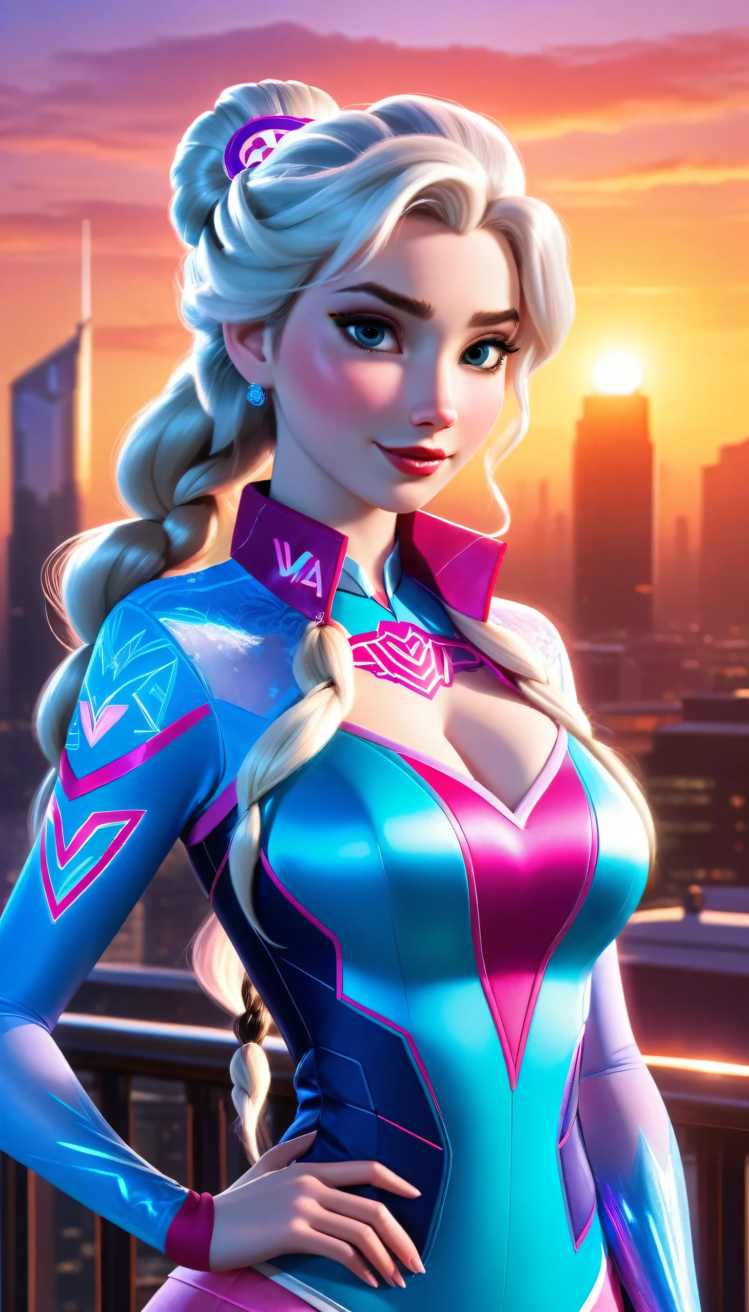 ((sombra and elsa fusion merged:1.3)), merged, sexy, half body, metropolitan background, sunset, sexy attire, (high quality), (masterpiece), negative_hand