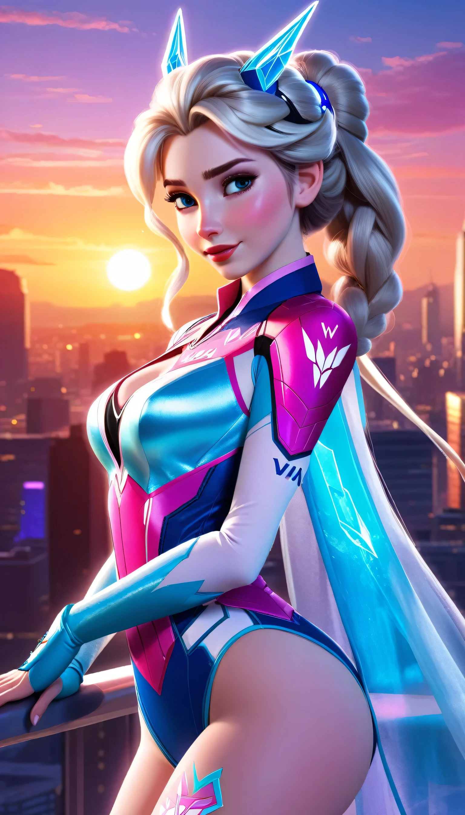 ((elsa and d.va merged:1.3)), merged, sexy, half body, metropolitan background, sunset, sexy attire, (high quality), (masterpiece), negative_hand