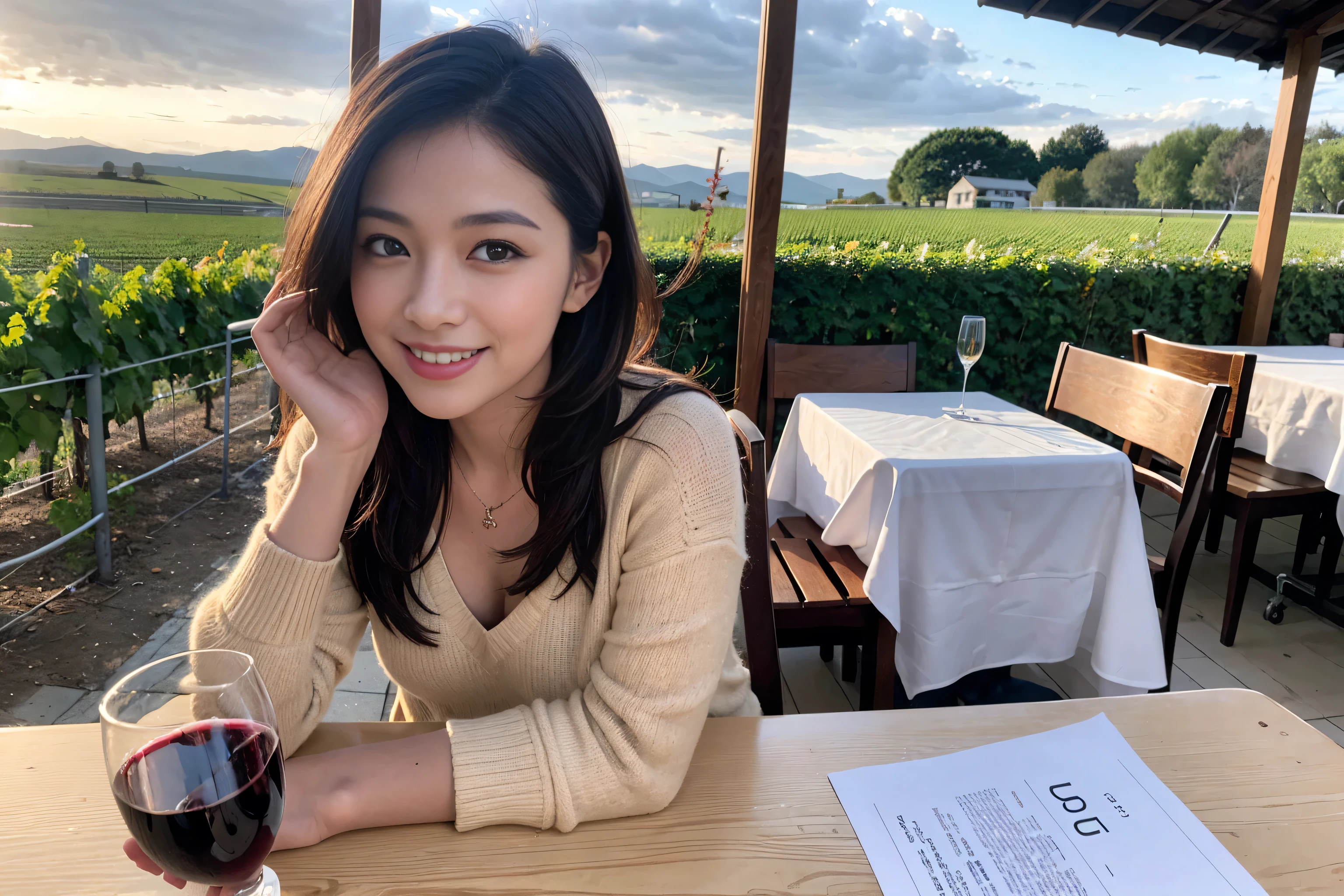 ((highest quality、8k、masterpiece:1.3))、1 male、1 female、Couple、Spouse、Satomi Ishihara-like beautiful couple、The body is slim、((Bob Hale、Straight hair:1.2)), (Realistic, Intricate details:1.2), Wine glass on the table、Shine light on your face、 Amazing view of the sunset sky and clouds、Amazing mountain views、A bright smile、The wonderfulness of smile、Bright image、The beauty of wine, Beautiful Face, blue eyes, The light shines on your face, Blushing, short hair,Bright Face、 (43 years old), 39 years old, red wine 、Appetizers、Italian food、Wine bottle、Champagne、sparkling wine、Two beauties、Brown Hair、Shortcuts、Long sleeve shirt、dress、Pretty Woman 1, (Slim face), (The body is slim), (Brown Hair), (Shortcuts), cheeks turn a little red,Attractive beauty、restaurant, In a prominent place (From the waist up) Nova Frog Style, actress, model, Upper Body, White wine, slim, wine glass, A wine glass placed in the center, smile, (smile: 1.15), Beautiful fine grain, Depth f/2,saturation, High Contrast, Strong light and shadow,Moist Body:1.5、3D texture、Delicate eyes、Brown Hair、The hair is very shiny、