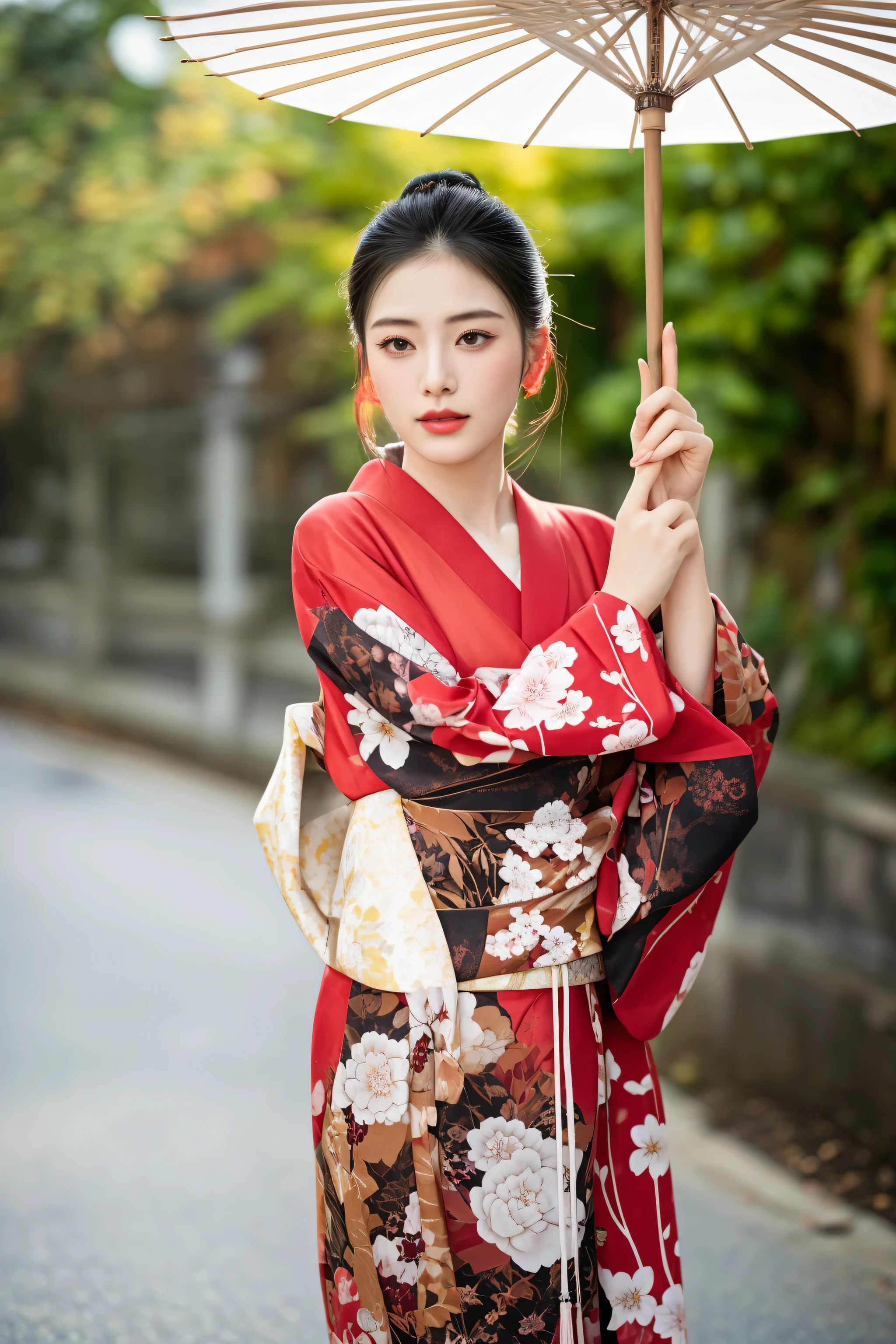 araffe woman in a kimono holding an umbrella on a street, wearing kimono, wearing a kimono, japanese kimono, japanese woman, elegant japanese woman, in kimono, red kimono with flower patterns, kimono, red kimono, traditional japanese, traditional geisha clothing, classic kimono, japanese clothes, japanese model, in a kimono, japaneese style, wearing a haori