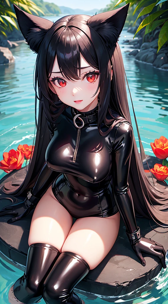 Detailed facial details,1 girl、,Cat ear,Black long hair, Charming red eyes, Shy expression,Radiant Skin,red lips,Black shiny latex catsuit,Black gloves,Sitting on the water,Slim,Large Breasts,Facial details are very detailed, handcuffs,Collar,forest,tulip,river