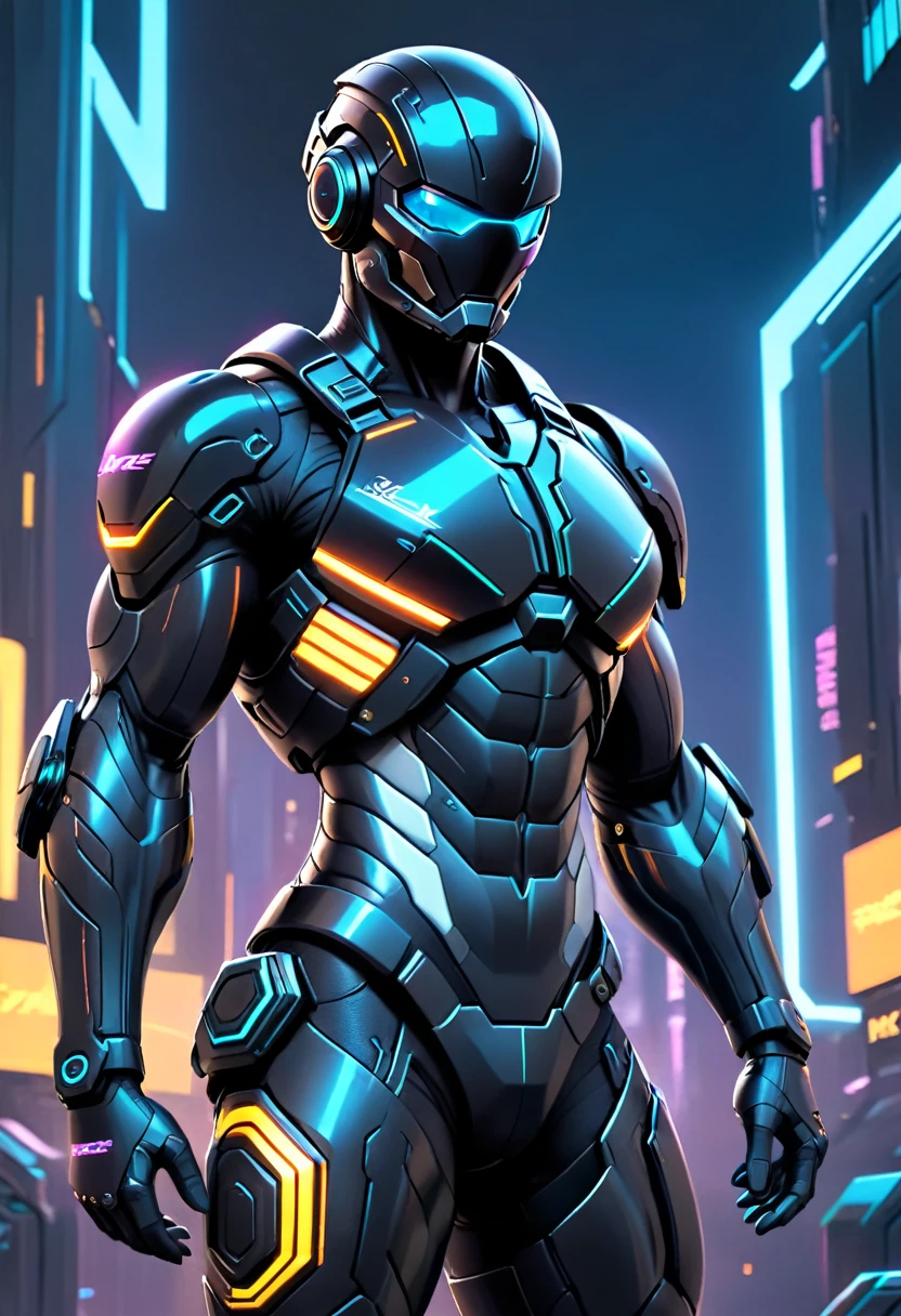 a tight black combat suit, detailed muscle definition, highly reflective, futuristic tactical gear, mechanical limbs, glowing neon accents, dynamic pose, urban cyberpunk setting, dramatic lighting, photorealistic, intricate details, (best quality,4k,8k,highres,masterpiece:1.2),ultra-detailed,(realistic,photorealistic,photo-realistic:1.37)