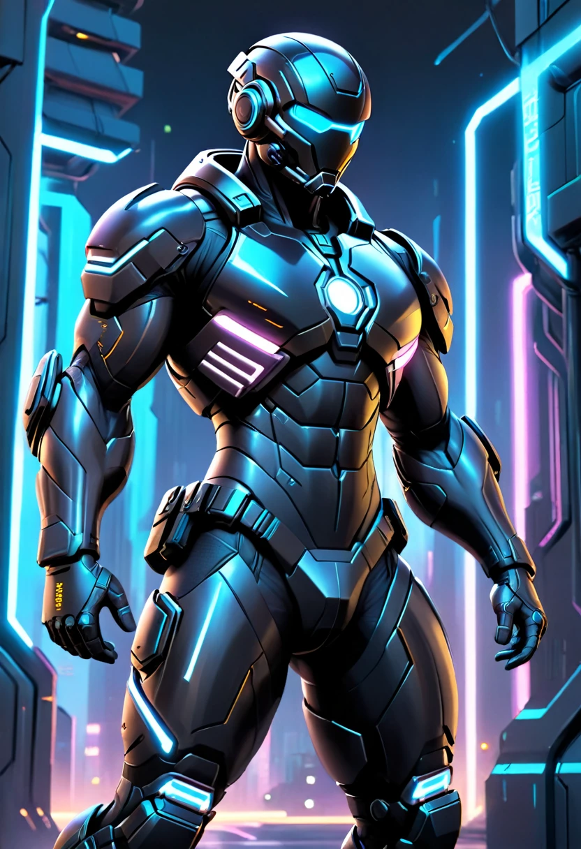 a tight black combat suit, detailed muscle definition, highly reflective, futuristic tactical gear, mechanical limbs, glowing neon accents, dynamic pose, urban cyberpunk setting, dramatic lighting, photorealistic, intricate details, (best quality,4k,8k,highres,masterpiece:1.2),ultra-detailed,(realistic,photorealistic,photo-realistic:1.37)