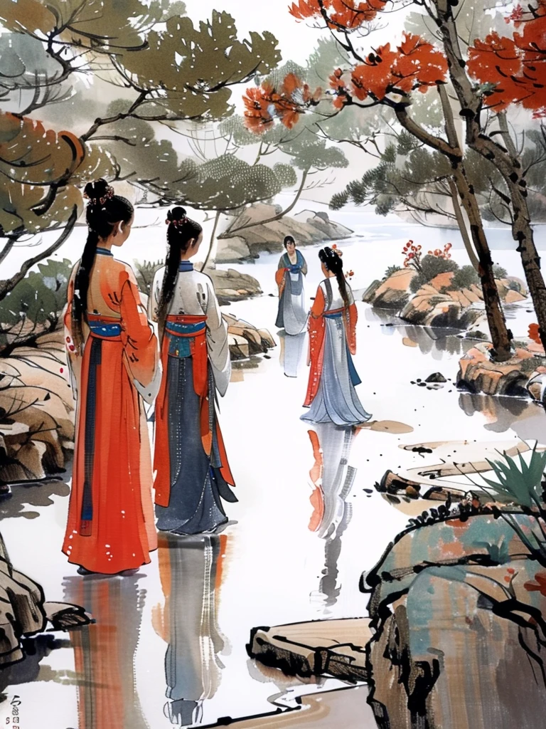 masterpiece,best quality,Color ink painting, Multiple girls, Tree, outdoor, Black Hair, Hair Bun, rock, long hair, 2 girls, reflection, Hanfu 