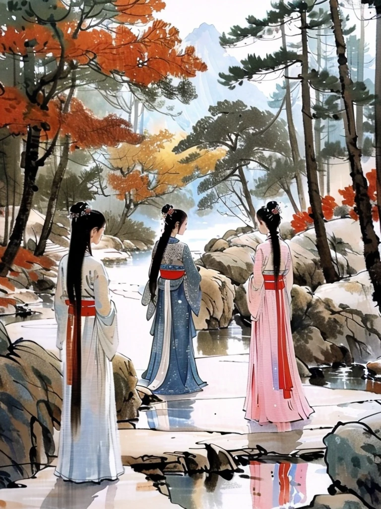 masterpiece,best quality,Color ink painting, Multiple girls, Tree, outdoor, Black Hair, Hair Bun, rock, long hair, 2 girls, reflection, Hanfu 