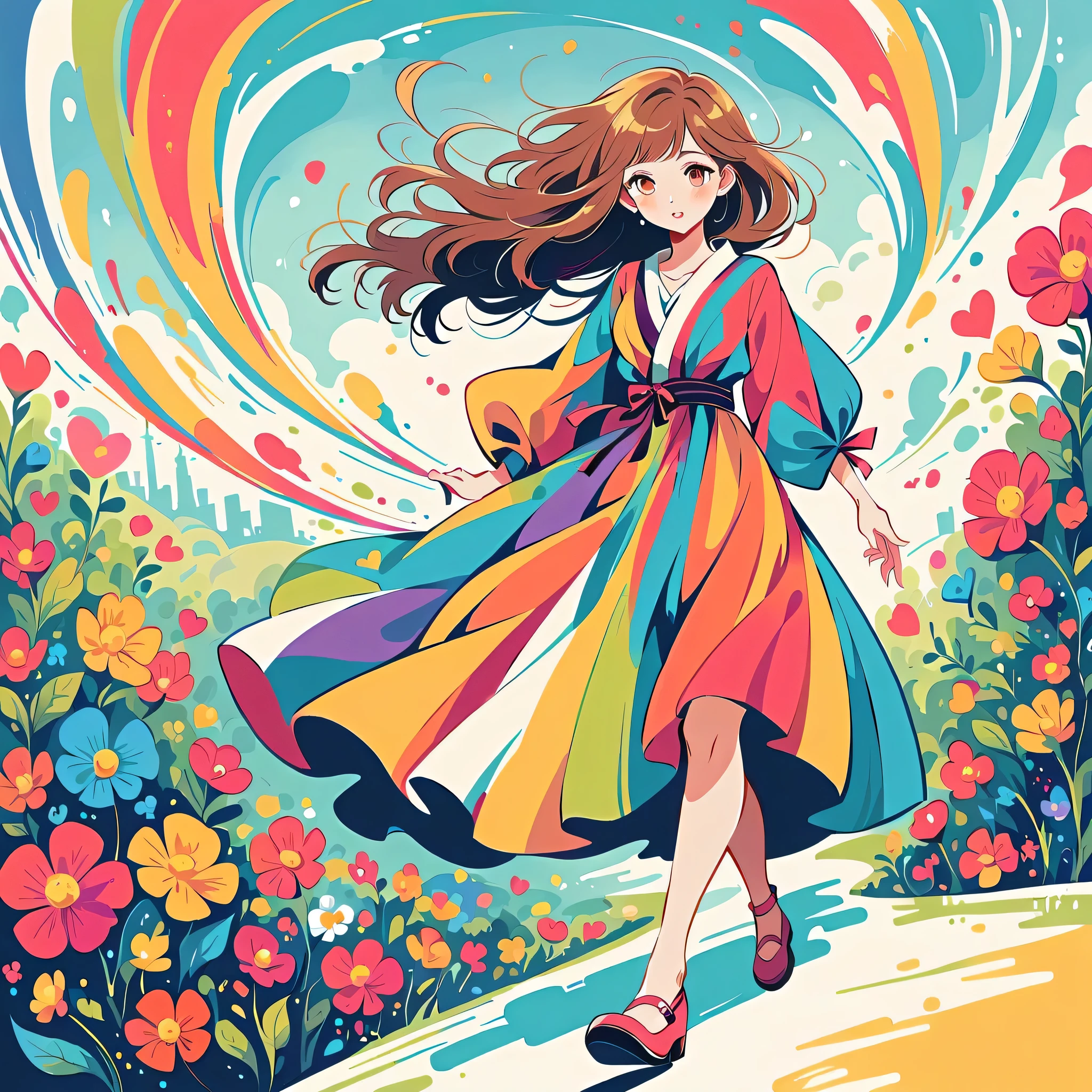 Mai Yoneyama style, walking，Simple Line Initialism，Abstract art，Urban Background, (((The most beautiful girl))), colorful flowers, Lips in love