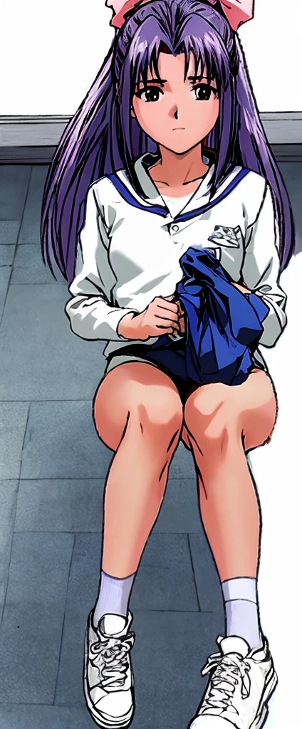 Momoko Koigakubo, a tall girl with beautiful legs, sits with her legs spread wide in a white gym suit and light navy blue bloomers that look like panties.。Angle from below。