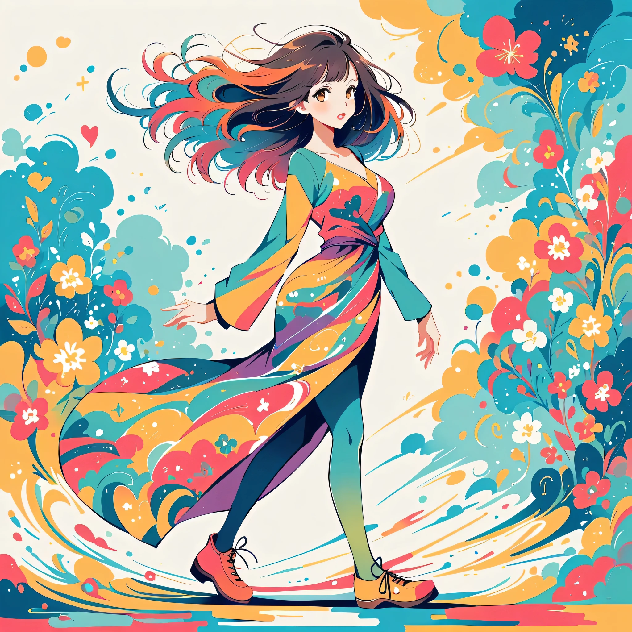 Mai Yoneyama style, walking,Simple Line Initialism,Abstract art,Urban Background, (((The most beautiful girl))), colorful flowers, Lips in love