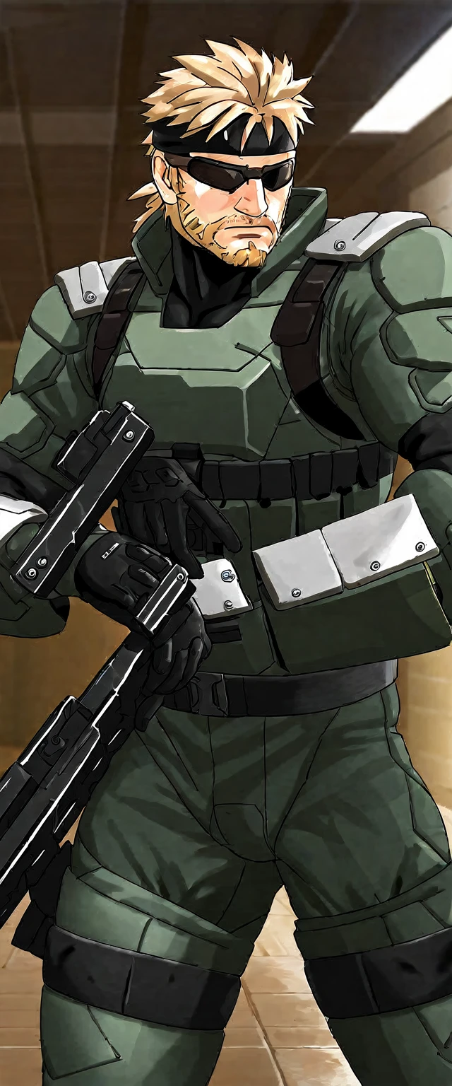 A athletic man in a tight combat suit is portraying Solid Snake of Metal Gear fame, numerous weapons. He is sneaking aound a guarded facility