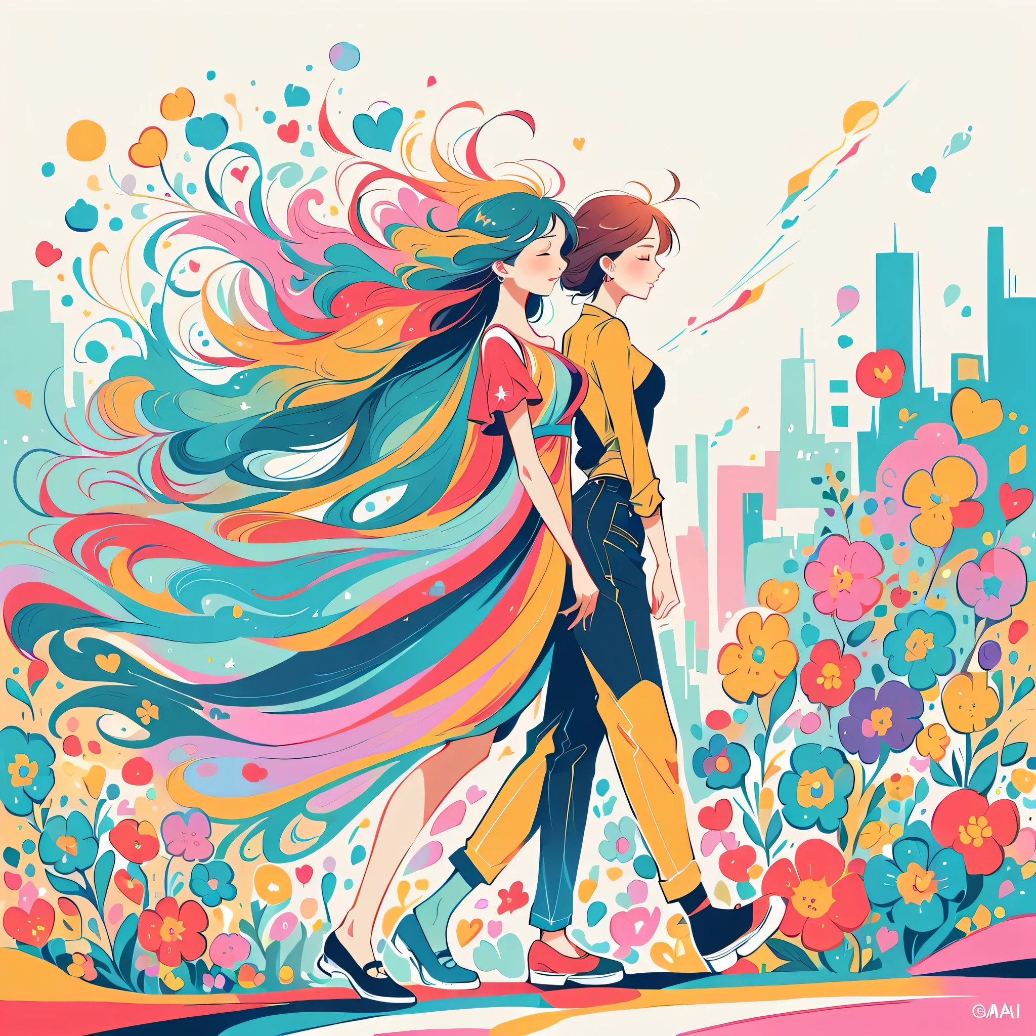 Mai Yoneyama style, walking,Simple Line Initialism,Abstract art,Urban Background, (((The most beautiful girl))), colorful flowers, Lips in love