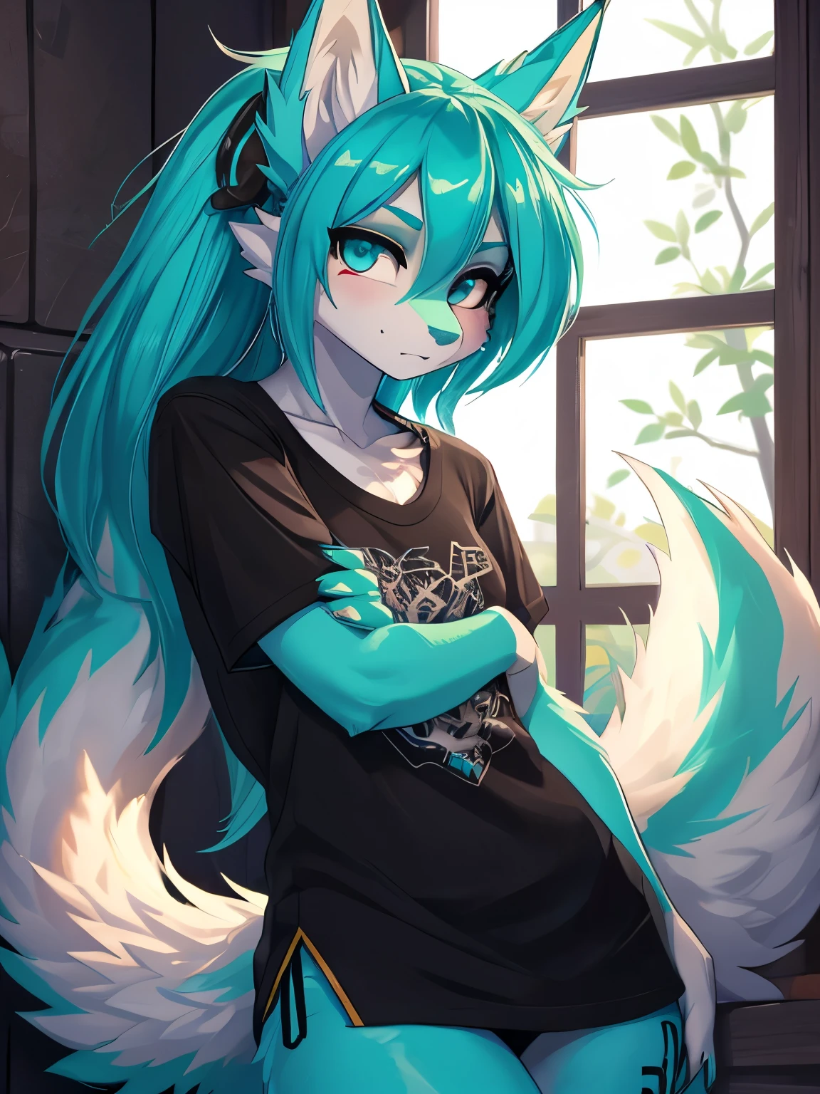 Miku hatsune, alta definicion, green body, blue hair,orejas de kitsune, tribal tatoo, high school cute clothws, cute girl, 18 years old girl, black licra short, black metal T-Shirt, mirada ueta