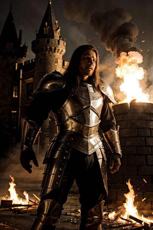 King in armor burning infront of castle
