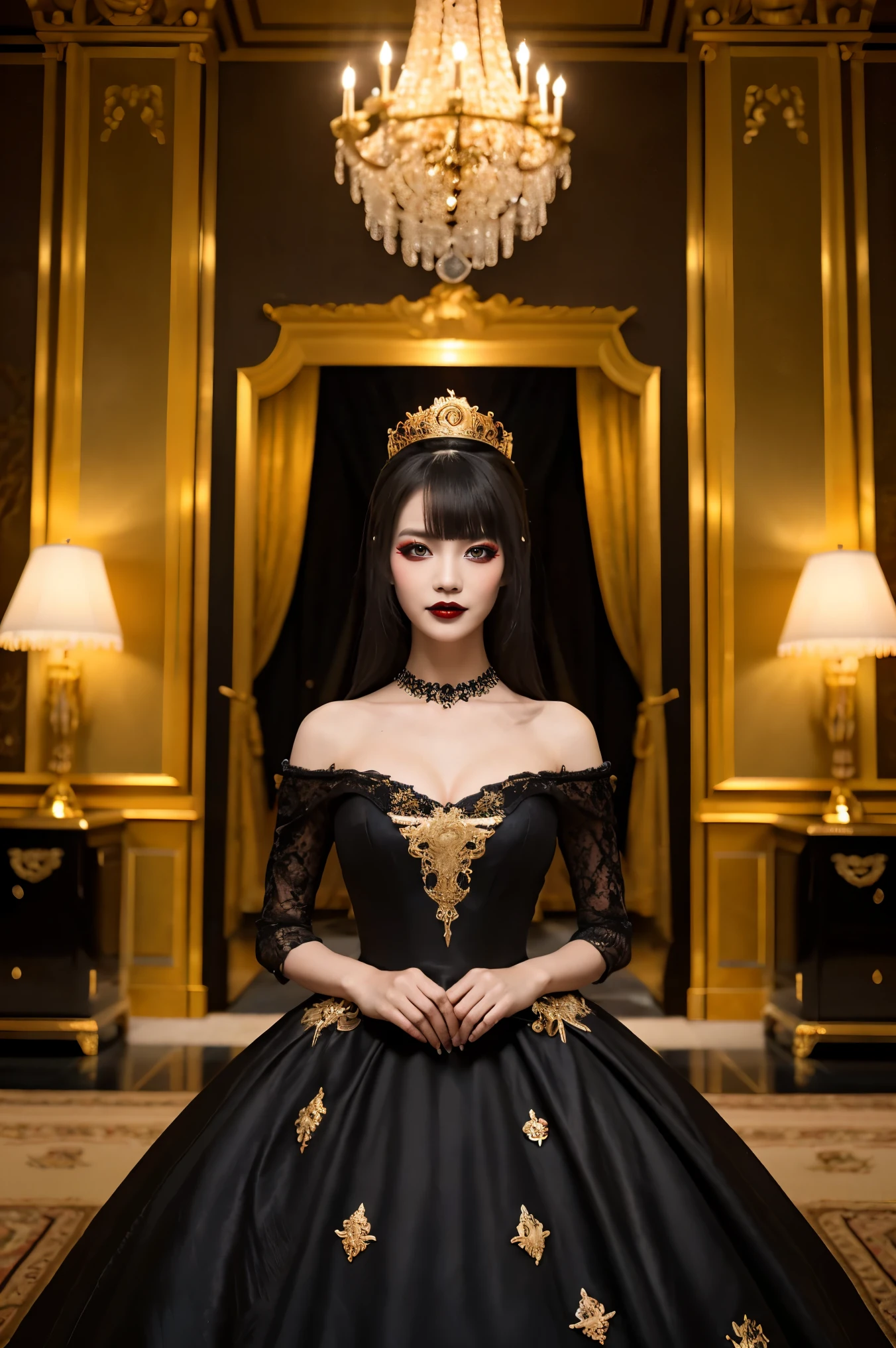 (highest quality、Tabletop、8k、Best image quality、Hyperrealism、Award-winning works)、(devil princess:1.1)、(Creepy and evil devil makeup:1.1)、(Creepy Eyeshadow:1.1)、(Black Lips:1.2)、the most intricate and luxurious black dress、Look at me and smile、A big bust that seems to burst、Perfect Anatomy、The background is the most gorgeous princess room.、The most luxurious and sparkling princess room、(世界で最も贅沢で上品なblack and gold royal VIP room:1.1)、(The most luxurious and elegant black and gold room:1.1)、(black and gold royal VIP room:1.1)、Complete interior of a luxurious royal bedroom、black dress decorated with jewels、black jewel dress、Extravagance beyond imagination、Inside the Royal Palace、 A room decorated with many ornaments,、Glamorous decoration、The most luxurious decoration、Highly intricate and detailed background、perfect shiny decoration、marble