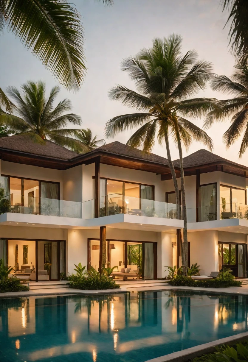 modern luxury villa, coconut trees, greenery landscape, along the white beach, clear sky, sunrise time, warm lighting RAW Photo, RAW texture, Super Realistic, 32K UHD, DSLR, soft lighting, high quality, film rating, Fujifilm XT3 