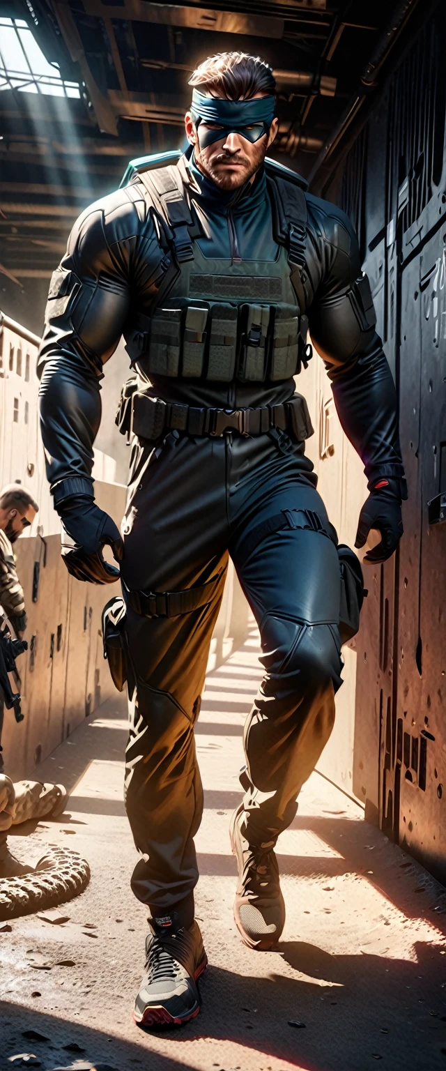 A highly athletic man in a tight combat suit, portraying the iconic Solid Snake character from the Metal Gear series, numerous detailed weapons on his person, sneaking around a guarded high-security military facility, extremely detailed, hyperrealistic, cinematic lighting, dramatic shadows, gritty, photorealistic, masterpiece, 4k, 8k, ultra-detailed, sharp focus, physically-based rendering, vivid colors, concept art style