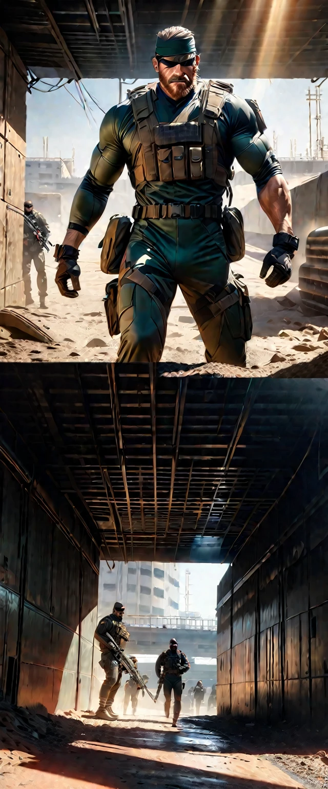 A highly athletic man in a tight combat suit, portraying the iconic Solid Snake character from the Metal Gear series, numerous detailed weapons on his person, sneaking around a guarded high-security military facility, extremely detailed, hyperrealistic, cinematic lighting, dramatic shadows, gritty, photorealistic, masterpiece, 4k, 8k, ultra-detailed, sharp focus, physically-based rendering, vivid colors, concept art style