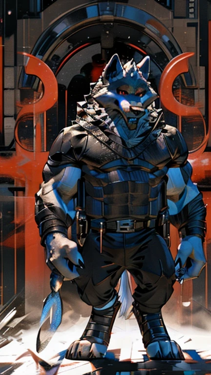 (masterpiece, best quality:1.2), death wolf, furry, he wears a black t-shirt with a gray vest with red spikes on the shoulders and black pants, using a Dor-15 bowler hat, full body image