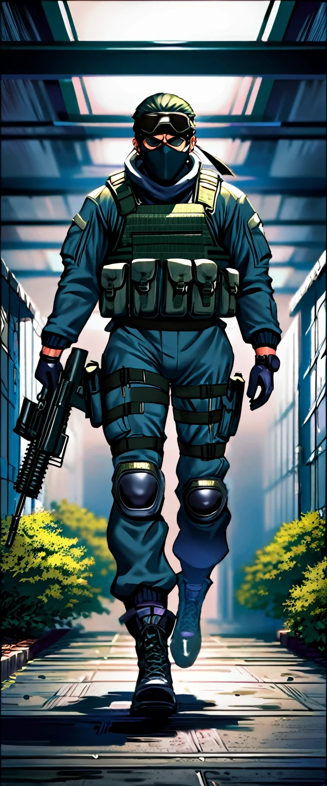 A highly athletic man in a tight combat suit, portraying the iconic Solid Snake character from the Metal Gear series, numerous detailed weapons on his person, sneaking around a guarded high-security military facility, extremely detailed, hyperrealistic, cinematic lighting, dramatic shadows, gritty, photorealistic, masterpiece, 4k, 8k, ultra-detailed, sharp focus, physically-based rendering, vivid colors, concept art style
