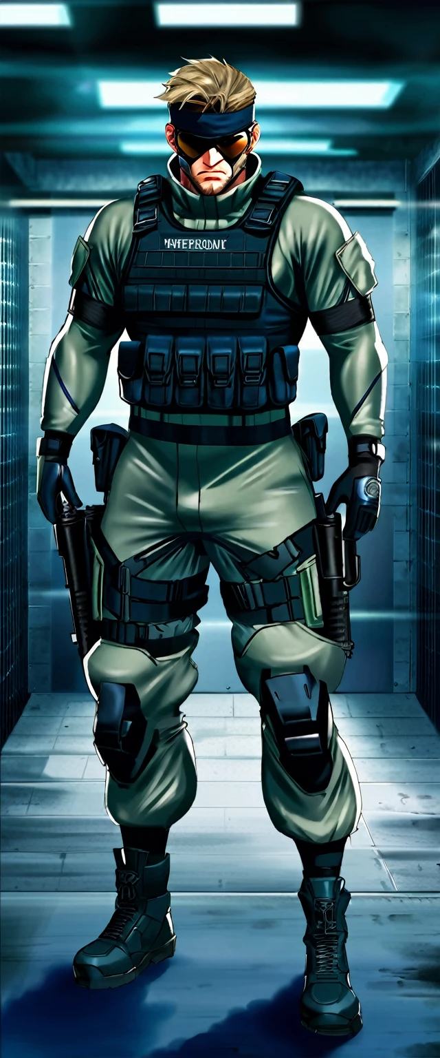 A highly athletic man in a tight combat suit, portraying the iconic Solid Snake character from the Metal Gear series, numerous detailed weapons on his person, sneaking around a guarded high-security military facility, extremely detailed, hyperrealistic, cinematic lighting, dramatic shadows, gritty, photorealistic, masterpiece, 4k, 8k, ultra-detailed, sharp focus, physically-based rendering, vivid colors, concept art style
