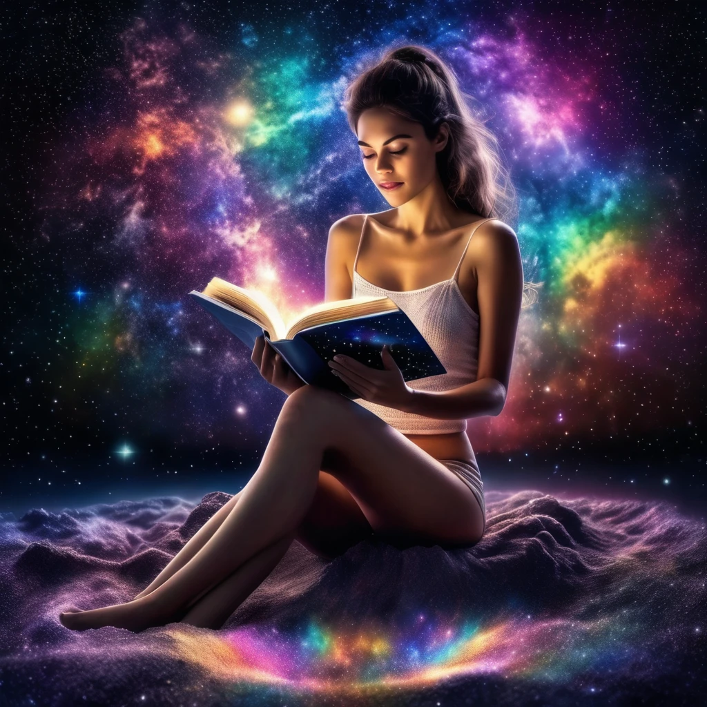 realistic photography of a topless woman sitting in the stars and reading a colored shining book, rainbow colored cosmic nebula sky background, stars, galaxies, high detailed, UHD